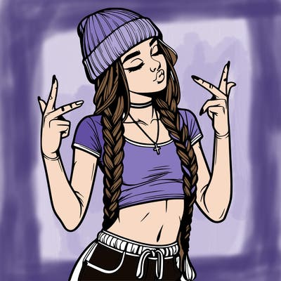 realistic teenage girl with braids and a beanie and crop top doing 🫶🏼