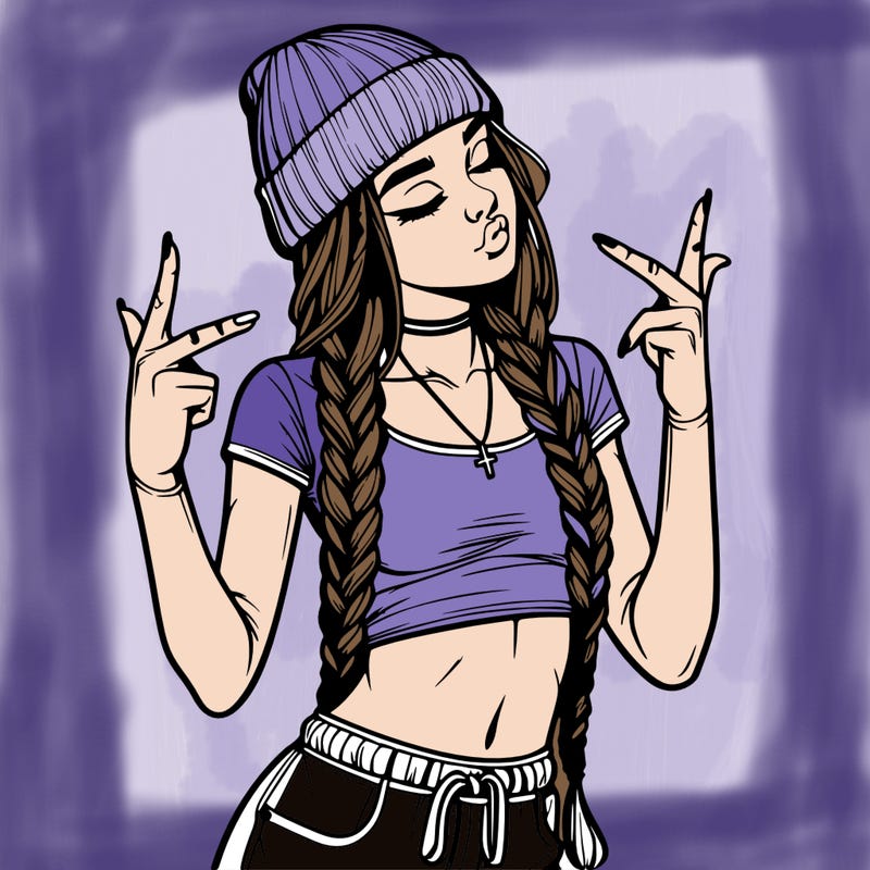 realistic teenage girl with braids and a beanie and crop top doing 🫶🏼