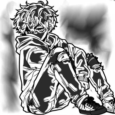 a male hoddie ripped jeans messy hair anime