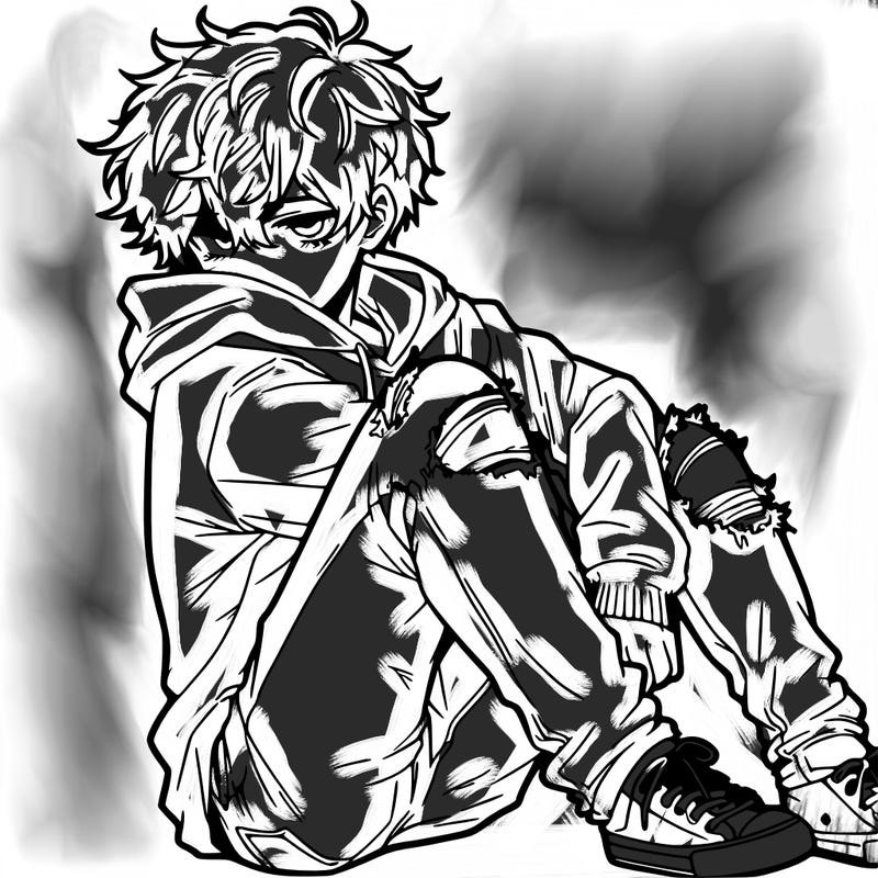 a male hoddie ripped jeans messy hair anime