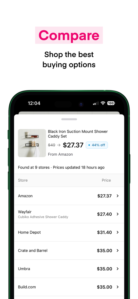 Spoken.io: Save and Explore - Una pantalla de comparación de precios en la app Spoken mostrando diferentes precios para un organizador de ducha de minoristas como Amazon, Wayfair y Home Depot.