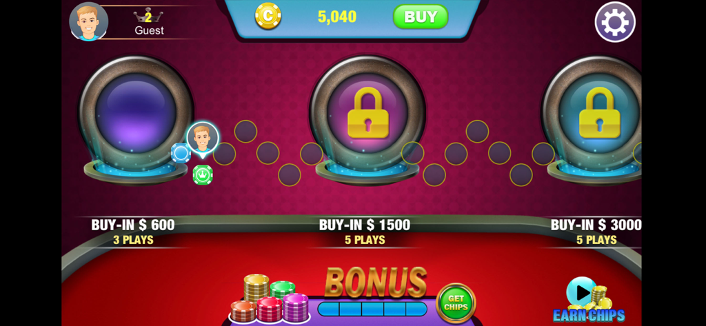 바이인과 잠금 해제된 레벨을 보여주는 텍사스 홀덤 오프라인 포커 테이블 선택 메뉴