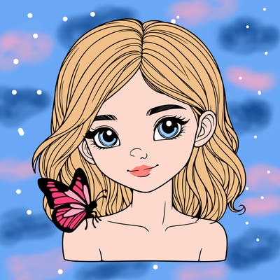 realistic girl with butterfly on shoulder