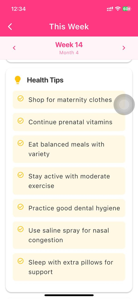Pregnancy Calculator & Tracker - Mobile app screenshot showing health tips for week 14 of pregnancy including diet and wellness advice
