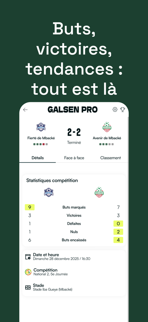 Galsen Pro - Galsen Pro app interface showing match statistics and scores for Senegalese football