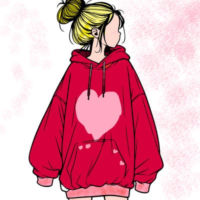 realistic girl with a oversized sweatshirt on and a bun