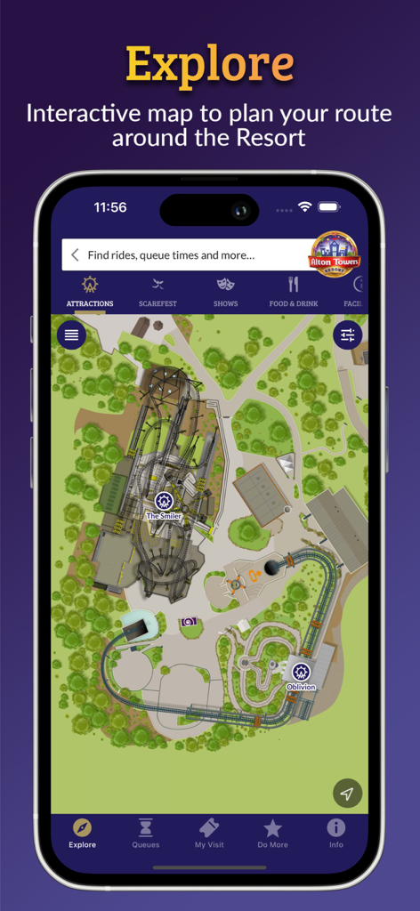 O aplicativo oficial Alton Towers Resort exibindo um mapa interativo do parque temático com locais de atrações como The Smiler e Oblivion.
