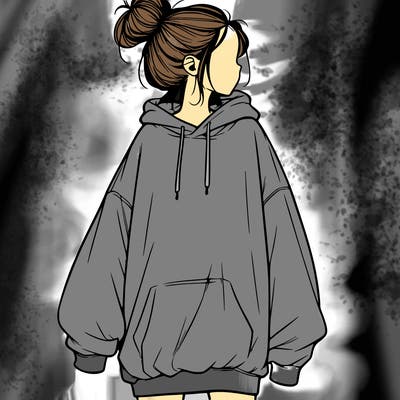 realistic girl with a oversized sweatshirt on and a bun