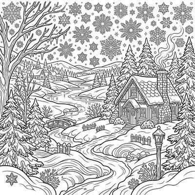 Escape to a serene winter wonderland with this charming coloring page, featuring a cozy cabin nestled amidst abundant powder snow and majestic pine trees. Intricate snowflakes drift through the air, creating a truly magical scene ready for your creative touch.