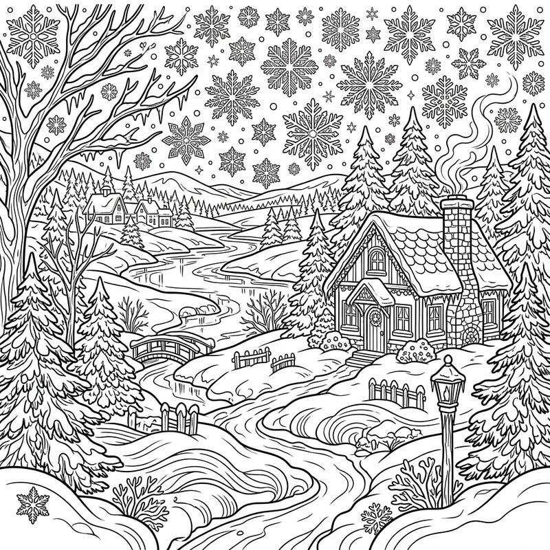 Escape to a serene winter wonderland with this charming coloring page, featuring a cozy cabin nestled amidst abundant powder snow and majestic pine trees. Intricate snowflakes drift through the air, creating a truly magical scene ready for your creative touch.