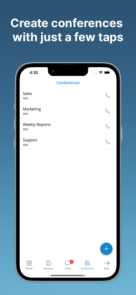 Communicator GO 7 mobile App-Oberfläche, die eine Liste von Geschäftskonferenzgesprächen für verschiedene Abteilungen zeigt
