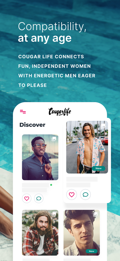 Cougar Life: Cougar Dating App - Pantalla de descubrimiento de la aplicación de citas Cougar Life mostrando perfiles de hombres jóvenes