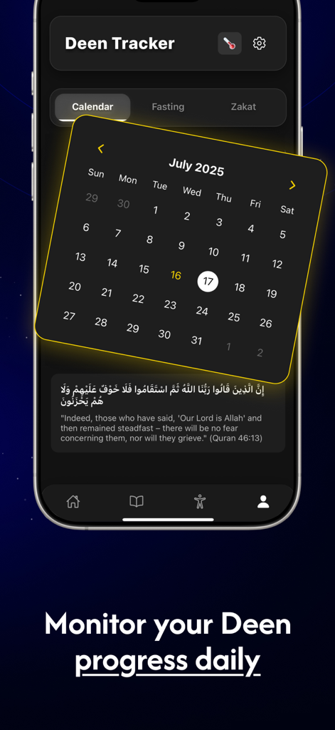 Huda: The App For Muslims - Huda app Deen Tracker screen showing a monthly calendar and Quranic verse
