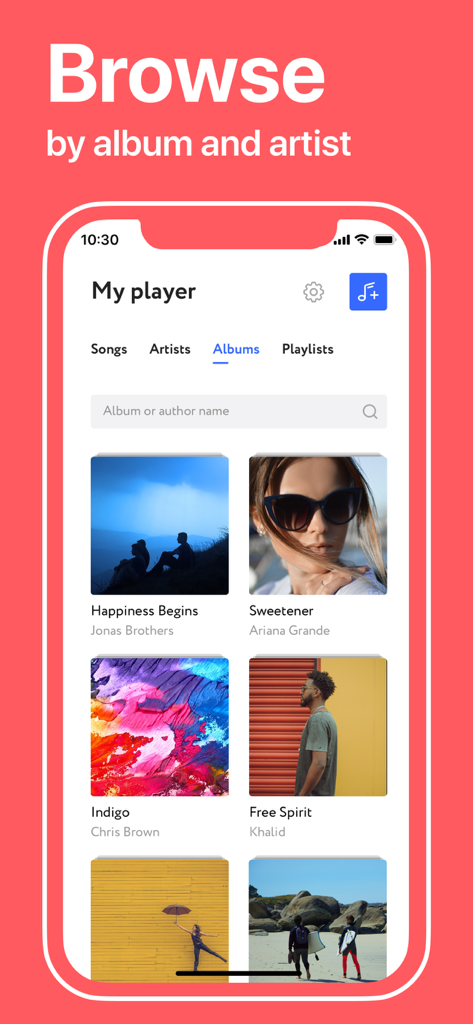Interface de l'application Lecteur de musique hors ligne affichant une grille d'albums à parcourir