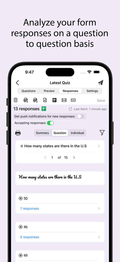 Mobile Ansicht, die die Antwortanalyse pro Frage in der Google Forms-App zeigt
