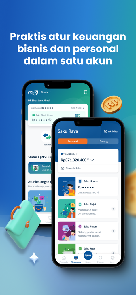Raya Digital Bankアプリ。個人およびビジネス口座管理オプションを表示しています。