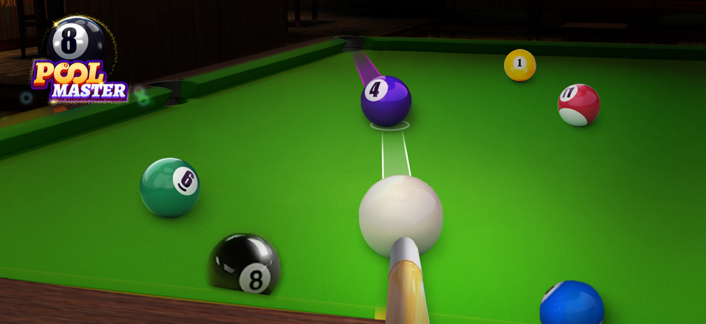 8 Pool Master - A 3D billiards game screenshot showing a pool cue aiming at a white ball to pocket a purple ball on a green table