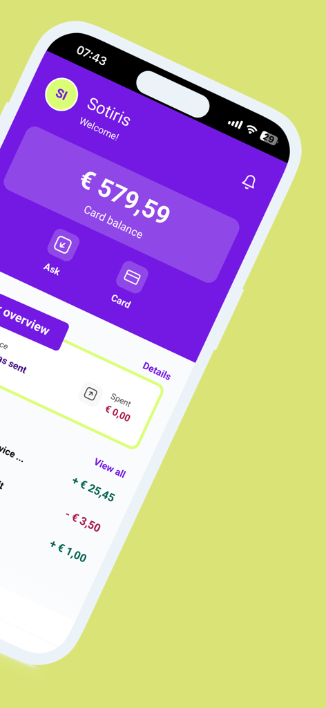 Joey: Teen Banking - Dashboard dell'app di banking per adolescenti Joey che mostra il saldo del conto e la cronologia delle transazioni