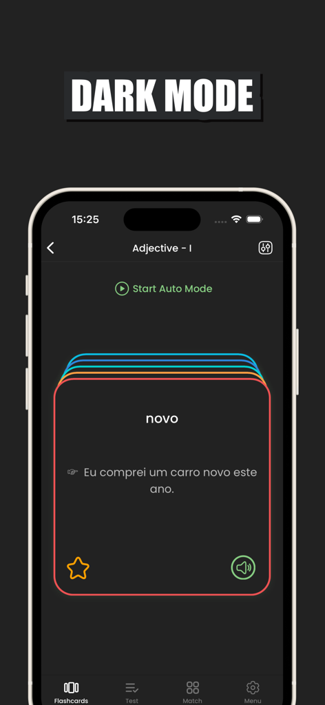 Learn Portuguese • - Portuguese language learning app showing vocabulary flashcards in dark mode interface