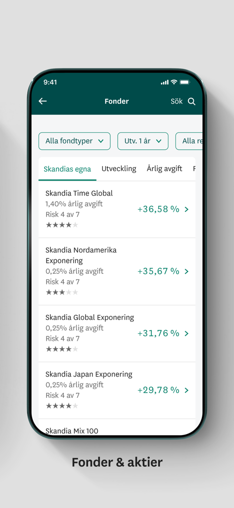 Skandia mobile app interface showing a list of investment funds and their performance data