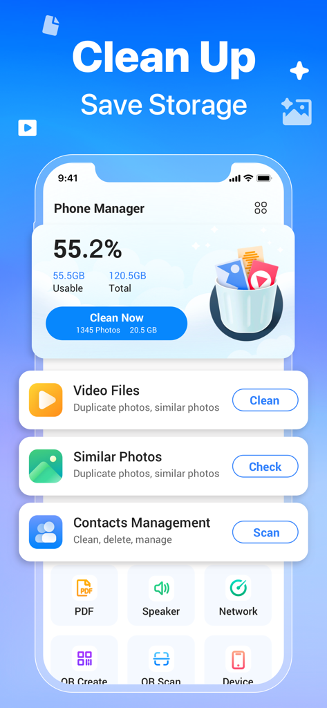 AI Cleaner : Clean Storage - Interfaccia dell'app AI Cleaner che mostra le statistiche di utilizzo dello spazio di archiviazione del telefono e i pulsanti di pulizia rapida per foto e video