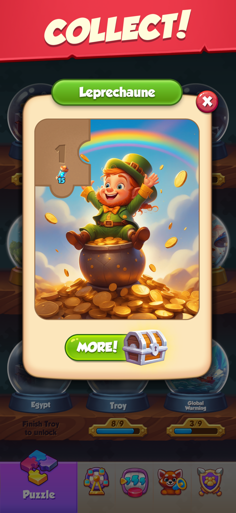 Tela de coleção de quebra-cabeças de Age of Coins mostrando uma carta de duende e um pote de ouro