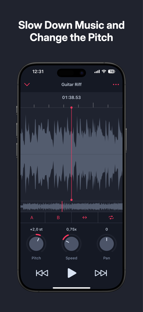 AudioTweak: Change Music Speed - AudioTweak app showing music speed and pitch controls for practicing a guitar riff