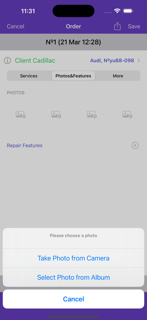 Añadiendo fotos a una orden de reparación de coche en la aplicación .Auto Repair