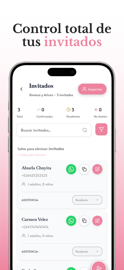 Invitio Events - Invitio Events app screen showing a guest list with RSVP status tracking and WhatsApp contact integration.