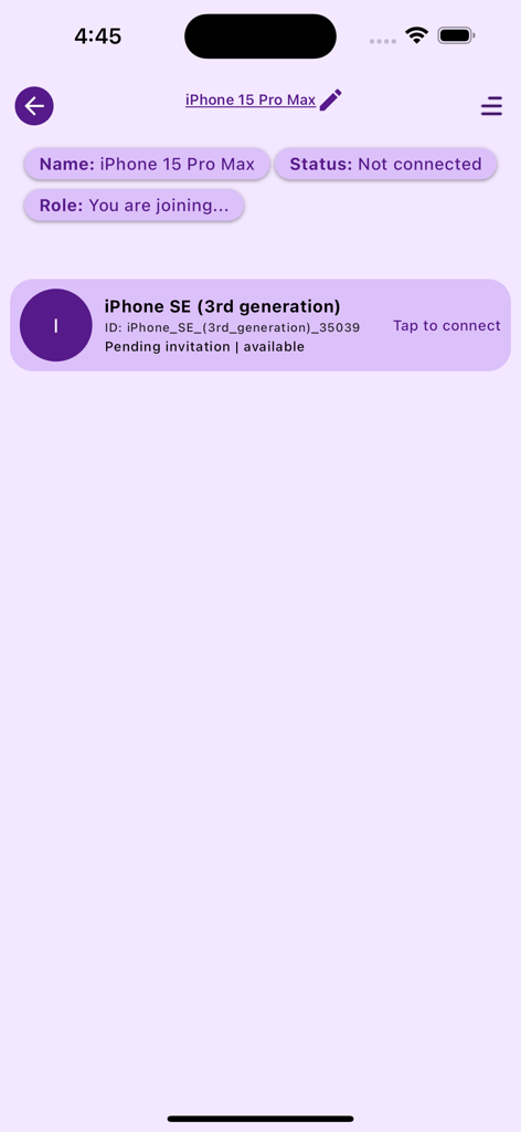 Screen showing device discovery for offline file sharing between two iPhones