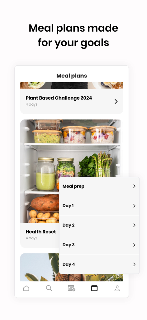 Fivesec Health by Alexandra - Interface of the Fivesec Health app displaying personalized plant based meal plans and daily meal prep schedules