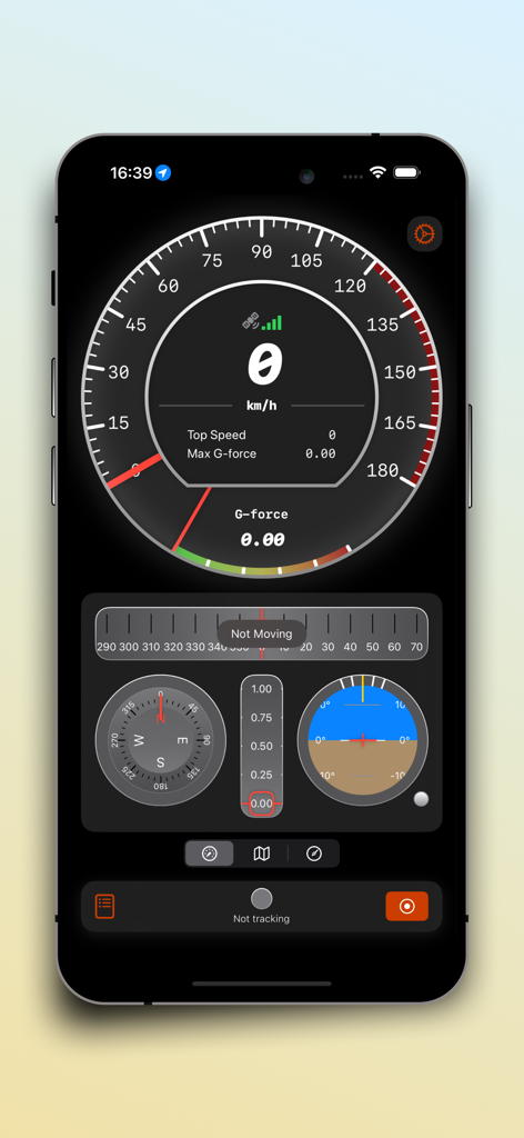 SpeedX: Speedometer, Altimeter - A digital dashboard from the SpeedX app featuring a speedometer, G-force meter, compass, and attitude indicator.
