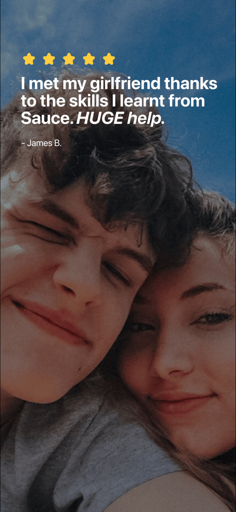 Sauce: Learn to Flirt - A five star review for the Sauce dating app with a testimonial from a user who found a relationship using the app.