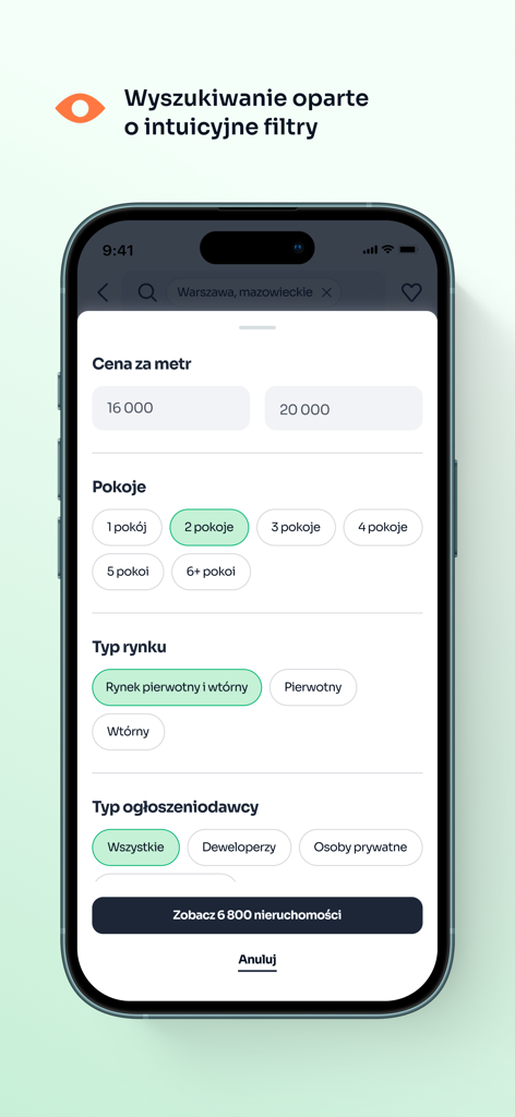 Mobile app interface showing real estate search filters for price per meter, number of rooms, and market type.