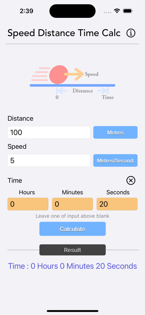 Speed Distance Time Calc app interface for calculating travel time
