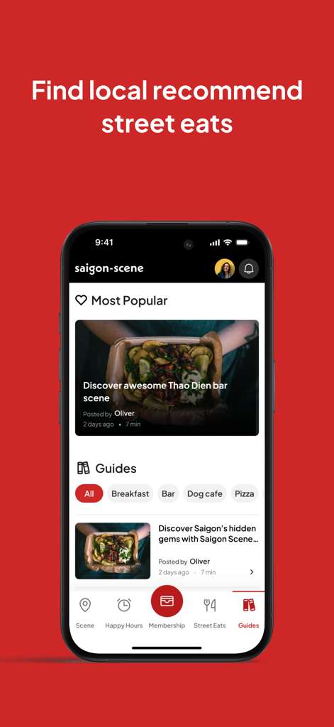 Saigon Scene - Saigon Scene app interface showing local street food and bar guides in Ho Chi Minh City