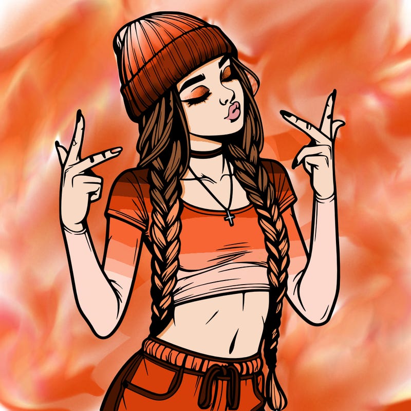 realistic teenage girl with braids and a beanie and crop top doing 🫶🏼