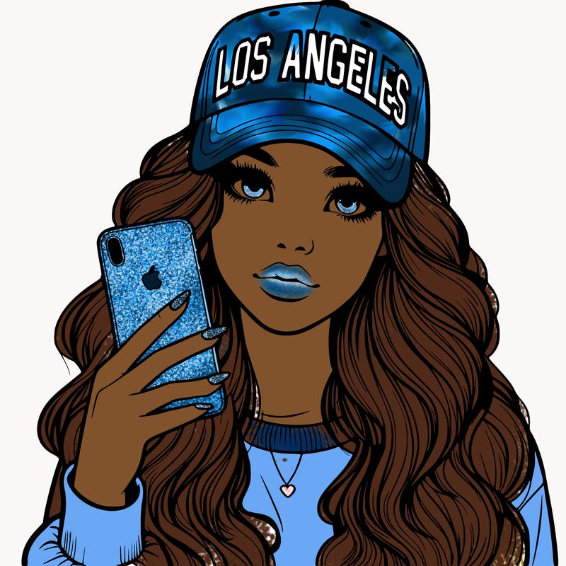 realistic beautiful girl wearing los ángeles cap holding an iphone