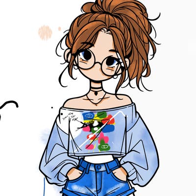 girl with a messy ponytail glasses a baggy crop top and jean shorts