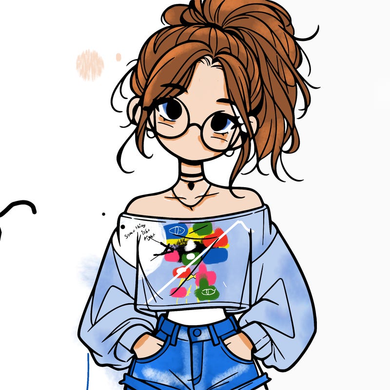 girl with a messy ponytail glasses a baggy crop top and jean shorts