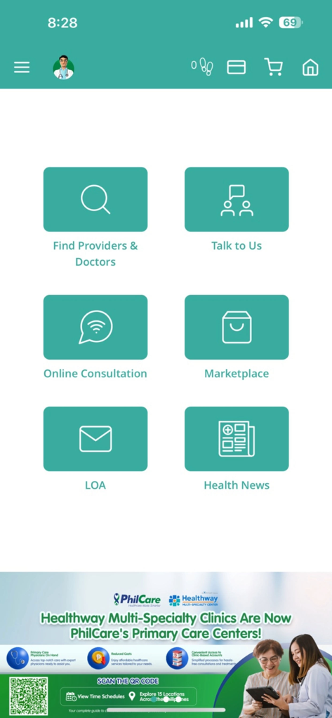 Dashboard of the HeyPhil 2.0 app showing health services and doctor finder