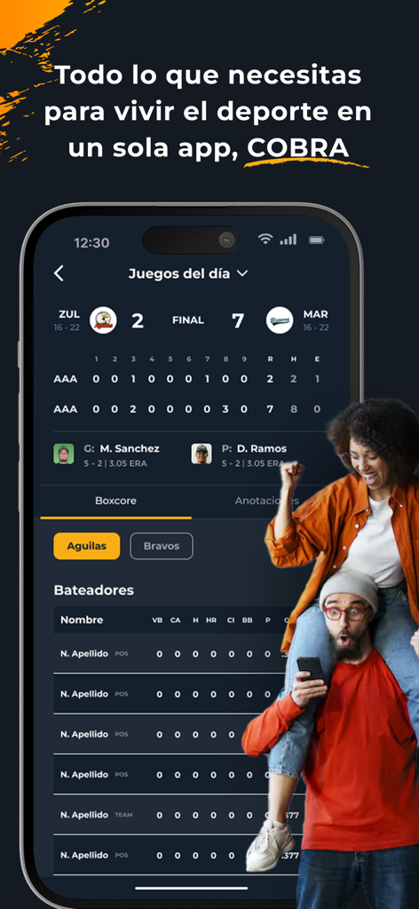 Quinielas Cobra - Quinielas Cobra app interface displaying live baseball scores and player statistics.