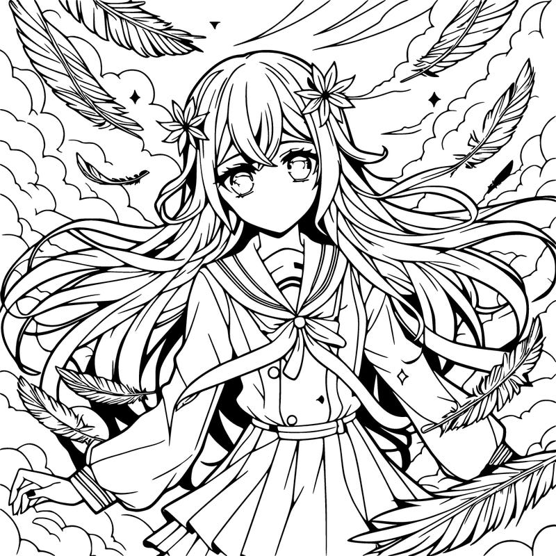anime girl falling in sky with feathers and long hair