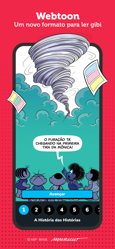 Monicaverso - Interface do aplicativo Monicaverso mostrando um quadrinho digital no formato webtoon com personagens da Turma da Mônica.