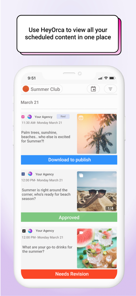 HeyOrca mobile app displaying a list of scheduled social media posts with approval and revision statuses
