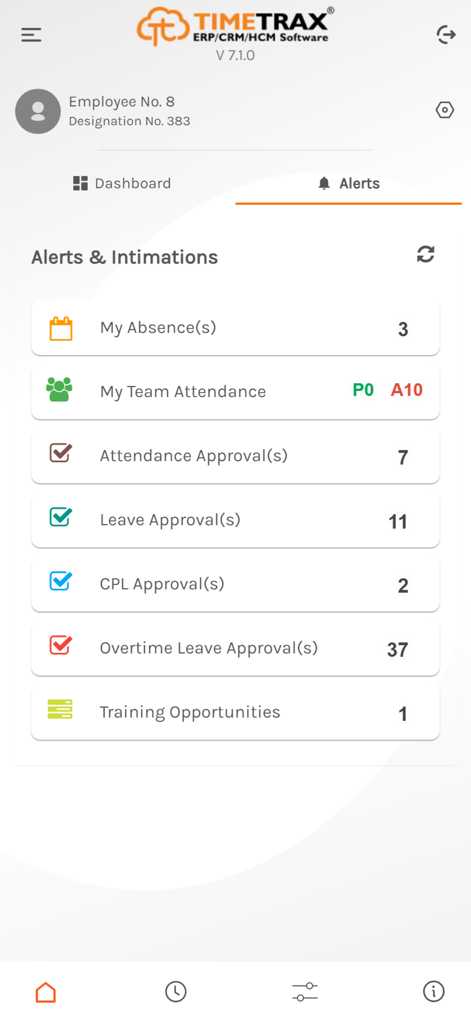 TimeTrax mobile app dashboard showing attendance and leave approval alerts