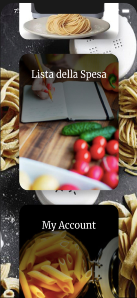 Ricette Pasta Maker - Interfaccia dell'app Ricette Pasta Maker che mostra pulsanti per una lista della spesa e l'account utente con immagini di pasta fresca e verdure