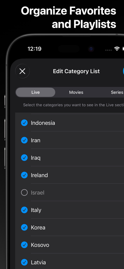 IPTV Pro - Smart Player - Ein mobiler Bildschirm, der den Kategorienlisten-Editor in IPTV Pro zeigt, in dem Benutzer Live-TV-Kanäle nach Land auswählen können.
