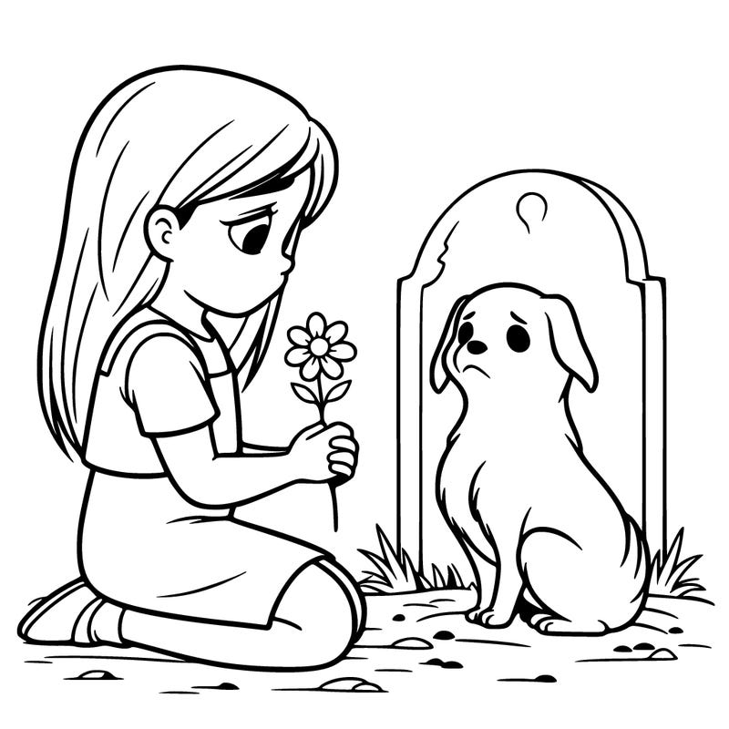 girl, sitting at a dog grave, sitting down flower and a dog ghost in front of her realistic