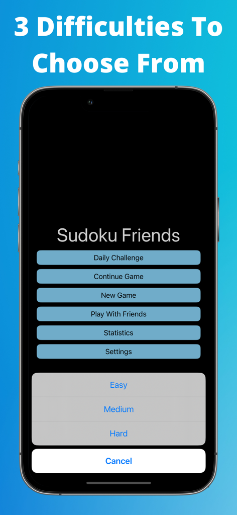 Sudoku Friends - Sudoku - Una pantalla de smartphone que muestra el menú de la aplicación Sudoku Friends con un cuadro de selección para niveles de dificultad Fácil, Medio y Difícil.